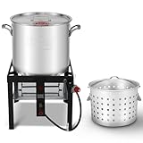 FEASTO 80QT Aluminum Boil Pot with Basket Perfect for Seafood Boiling and Steaming, Outdoor Propane Gas Cooker with Adjustable 0-10 PSI Regulator, Non-Assembly Frame Stand