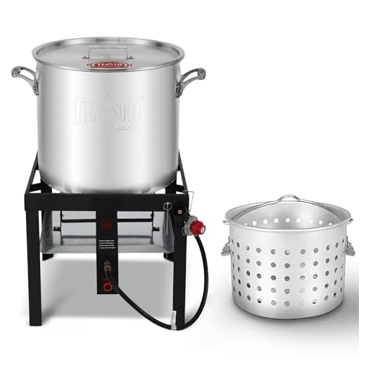 FEASTO 80QT Aluminum Boil Pot with Basket Perfect for Seafood Boiling and Steaming, Outdoor Propane Gas Cooker with Adjustable 0-10 PSI Regulator, Non-Assembly Frame Stand