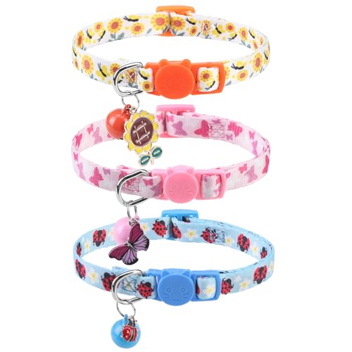SCENEREAL Breakaway Cat Collar with Bells, 3 Pack Spring Pink Cats Collars with Safety Buckle, Soft Adjustable Cute Kitten Puppy Personalised Summer Collars for Dogs Girl Boy