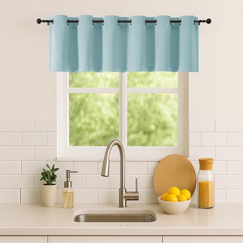 Image of Simplebrand Aqua Kitchen Valances for Windows 18 Inches Long 2 Pack, Room Darkening Window Valances for Living Room, Grommet Short Straight Drape Kitchen Curtains for Bedroom Kids Room, 40Wx18L