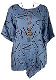  Damen Lagenlook assymetrisch Sommer Leinen Tunika Bluse Kleid Shirt mit Kette 42 44 46 48 50 52 M L XL XXL Print Urlaub Strand Blau Top (52)