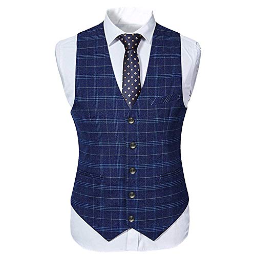 Cloudstyle Mens 3 Piece Slim fit Checked Suit Blue/Black Single Breasted Vintage Suits2