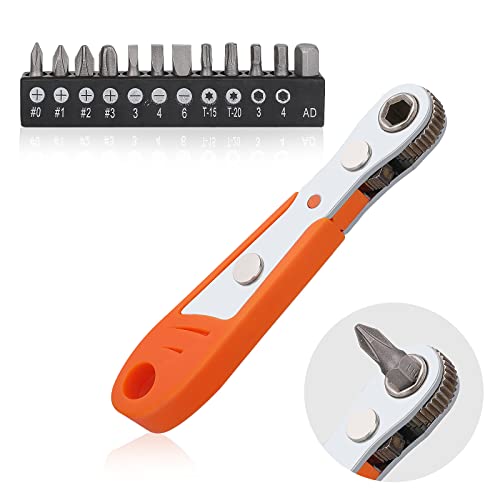 12 in 1 Ratchet Wrench Set,1/4”Hex Phillips Torx Slotted Bit Adapter, Right Angle Magnetic Screwdriver, Mini Ratchet Wrench 1/4”Drive High Torque Offset Reversible Ratcheting Offset Screwdriver