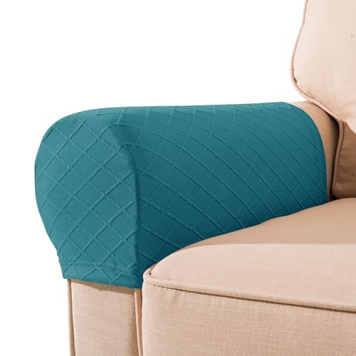 FUAAOLIY 1 Pair Armrest Covers, Diamond Stretch Couch Arm Covers, Anti-Slip Armrest Covers with Nails Washable Sofa Chair Arm Covers Anti-Scratch Polyester Furniture Slipcovers for Sofa (Teal)