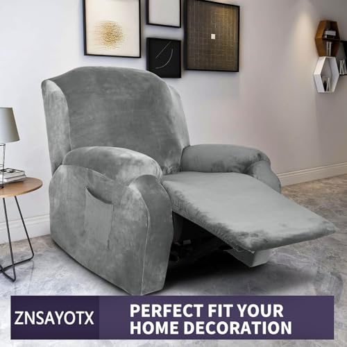 Image of ZNSAYOTX Stretch Velvet Recliner Cover 4-Pieces, Thick Soft Recliner Chair Slipcover with Pocket, Non-Slip Elastic Bottom for Kids Pets, Luxury Plush Reclining Protector Comfy Washable (Grey)