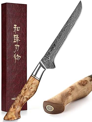 HEZHEN 6 Inch Boning Knife 67 Layer Damascus Steel Boning Knife-Fillet Knife Flexible Kitchen Knives-10Cr15CoMoV Steel Core Blade for Poultry and Fillet Fish-Figured Sycamore Wood Handle-Gift Box