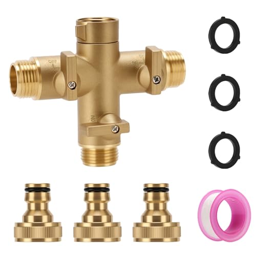 MEASUREMAN 3/4" Heavy Duty RV & Garden Hose Splitter - 3-Way Brass Connector with Individual On/Off Valves, Fits US Standard Spigots, Plus three quick connect couplings by MEASUREMAN - Used condition - US$17.29