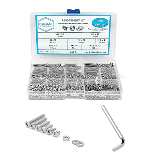 Surtido de tornillos allen con cabeza abombada (gota sebo), tuercas hexagonales y arandelas planas. Kit tornillería de acero inoxidable de 720 piezas. Métrico M3. Longitudes desde 6 mm hasta 25 mm Cover