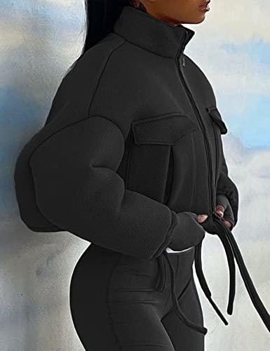 Flygo Womens Zip Up Cropped Jacket Stand Collar Long Sleeve Lightweight Short Bomber Jackets Coat(Black-L) #TOP1