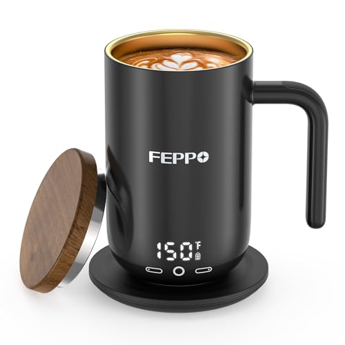 FEPPO Coffee Mug Warmer, 16oz Heated Coffee Mug with Titanium Coating, Real-Time Digital Display, Built-in 2600mAh Battery with Charging Base, Temperature Control Smart Mug, Great Gift for W