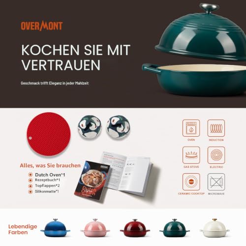 Overmont Gusseisen Topf Emaille Brotbacktopf - 5.7L Bräter Schmortopf mit Deckel und Kochbuch – für Küche Backen Schmoren Braten - Seeblau – Ansicht 6