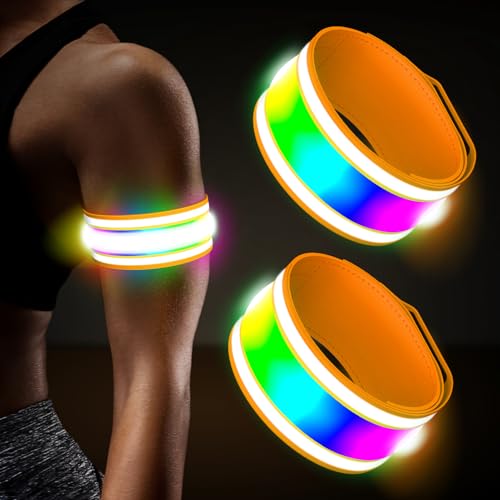 LED Armband Rechargeable for Running(2 Pack),Light Up Arm Bands for Night Walking,Running Lights for Runners,High Visibility Reflective Running Gearr for Night Safety Light Up Wristbands (Orange)
