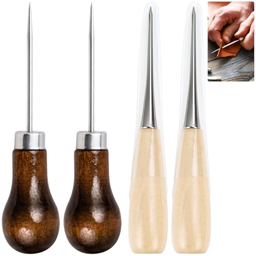 JAXICREY 4 Pcs Bradawl Tool Wooden Handle Awl Tool Sewing Alloy Gourd Shape Sewing Awl Tools for Wood Professional Leather Tools Bradle Punch for Woodworking Leatherworking DIY Craft Carpenters