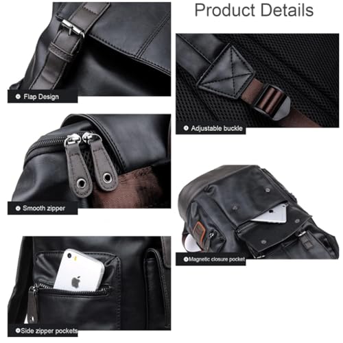 Image of CHAO RAN Vintage Leather Laptop Backpack For Men, Men Black Leather Backpack