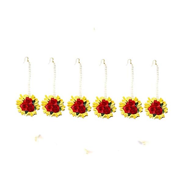 URBAN SIGMA Flower Maang tikka Jewellery Set for Wedding | Baby shower | Haldi | Mehandi | Party in Red and Yellow colour for Girls and Women(Combo of 6)