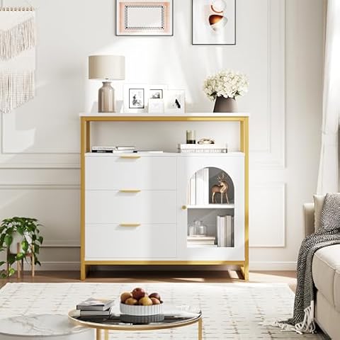 FACBOTALL Buffet Cabinet with Glass Door, Modern Industrial Buffet Sideboard, Kitchen Coffee Bar Cabinet, Wooden Kitchen Storage cabinets for Kitchen, Living Room, White Cover