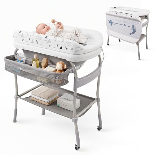 Mobiclinic®, Cambiador de bebés con bañera 2 en 1, Trendy, Ajustable 4 alturas, Termómetro, Ruedas freno, Cesta almacenamiento, Hasta 50 kg, Tubo desagüe, 0-36 meses