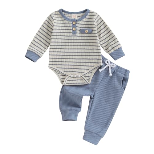 Vioyavo Infant Baby Boys 2Pcs Tracksuit Stripes Print Long Sleeve Romper Elastic Waist Long Pants Set Casual Clothes Set Spring Fall (Blue, 12-18 Months)