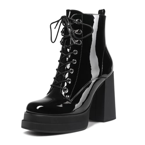 Women's Platform Ankle Boots Chunky High Heel Square Toe Stretch Short Gogo Combat Boots Booties for Women (not for wide calf)