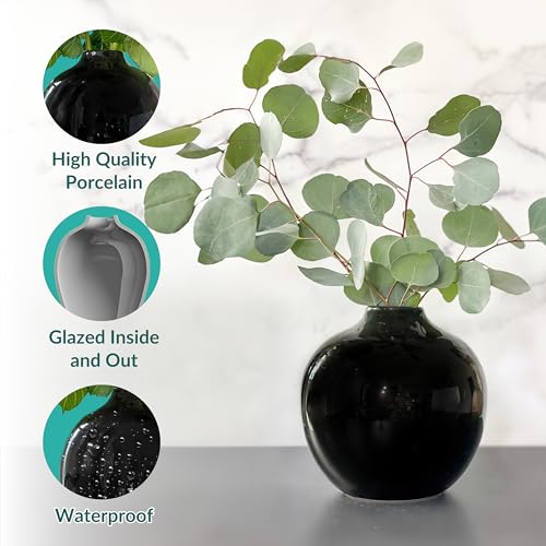 Willowy MEDIUM VASE - BLACK 7.5 Inch Large Black Ceramic Vase With Glossy Finish - Black Vases For Centerpieces, Black Vases For Home Decor, Round Black Vase For Flowers, Gothic Vase thumb #2