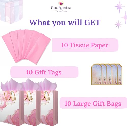 Image of Flora Paperbags Medium Paper Gift Bags with Tissue & Tags | Wedding Return Gift Bags, Birthday, Party Favor Bags (Pack of 5)