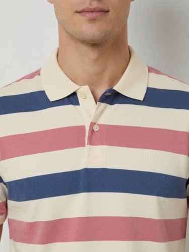 Image of Raymond Men Modern Fit Stripe Pattern Pure Cotton Polo Neck Half Sleeve Casual T-Shirt