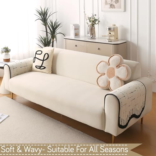 Image of HOKIPO Premium Supple Soft Wavy Anti-Slip Armrest Cover for Sofa, 1 Pair, Off-White (AR-5971-OWHT*2)