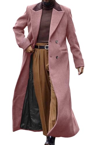 Image of Man's Double Breasted Full Length Trench Coat Casual Corduroy Collar Long Jacket Peacoat Wool Blend Winter
