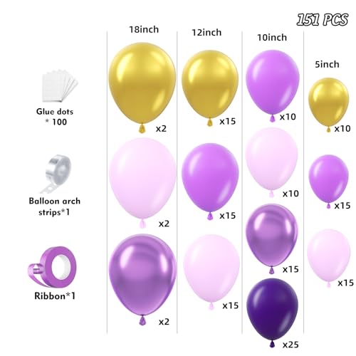 Image of 151Pcs Purple and Gold Balloons Garland Arch Kit - 18 12 10 5 inch Different Size Lavender Lilac Metallic Purple Gold Balloons for Birthday Anniversary Bridal Baby Shower Party Decorations