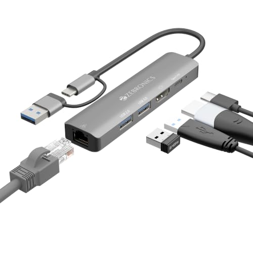 Image of Zebronics CT51 5-in-1 Hub, Dual Interface (USB & Type-C),100W Type-C PD Charging, HDMI 4K@30Hz, 5Gbps Transfer Speed, USB 2.0, USB 3.0, RJ45 100Mbps LAN, Metal Body, LED Indicator, Lightweight Build