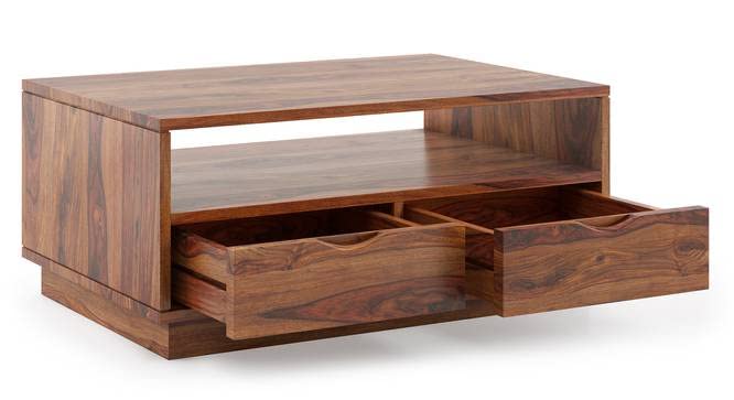 Image of DRIFTINGWOOD Zylo Solid Wood Coffee Table | Teapoy Center Table for Living Room with 2 Drawers & Shelf Storage | Wooden Sofa Centre Tea Table | Honey Finish