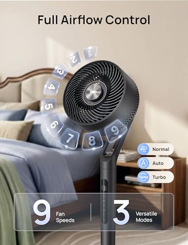 Image of DREO Fan for Bedroom, 2026 New model,120+100 Omni-Directional Oscillating Fan, 96ft, DC Motor, 20 dB Quiet Standing Pedestal Fans, 9 Speeds, 3 Modes, Remote, 37-42 inch Adjustable Height, 8H Timer