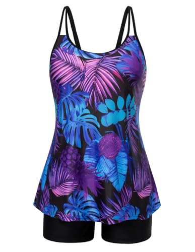Hanna Nikole Modlily Swimsuits for Women Tummy Control Swimming Suits High Waisted Tankini Sets Purple Print 22W