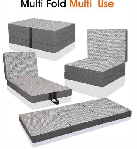 Image of Rhythm Lite Foldable Mattress for Floor Sleeping Tri Fold 6-Inch High Resilience HR Foam Medium Firm Back Pain Support Single Guest Travel Bed Lightweight Portable Compact 72x36
