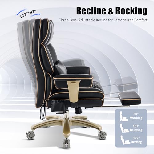 Image of Big Tall Executive Office Chair 500lbs, Comfortable PU Leather Desk Chair with Footrest Adjustable Air Back Support, Lumbar Massage Function, 360Swivel, Tilt Recline,Height Adjustment,Black