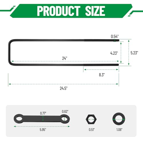 Image of 24 Inch Square Bend U-Bolt Kit for Truck Chassis | Heavy-Duty Steel Suspension Leaf Spring U Bolts with 6 Inch Tie Plates
