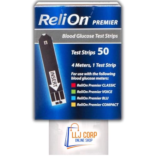 ReliOn Premier Blood Glucose Test Strips Accurately Monitor Your Blood Sugar Levels Count 50 Bundle with LLJ Corp Sticker. Black