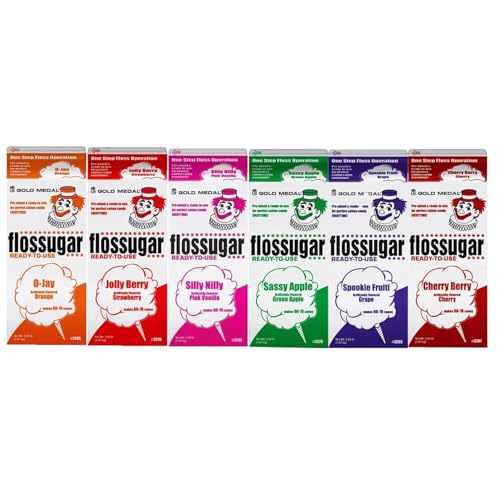 Cotton Candy Floss sugar Mix Flavors | Pack Of 6 | Orange, Strawberry, Silly Nilly, Green Apple, Grape, and Cherry Berry Flavors | 1/2 Gallon Cartons