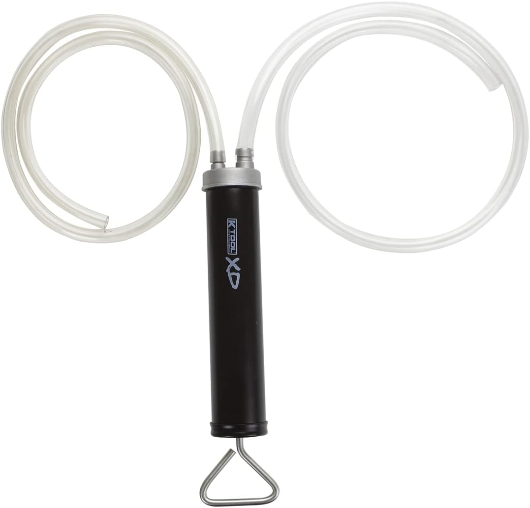 K Tool International XD73902 Dual Action Fluid Transfer Pump for Garages, Repair Shops and DIY, Extract Fuel, Mineral, Synthetic and Biological Oils, (2) 4’ Vinyl Hoses, Metal Housing, Black