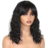 ManeMajesty 16 Inch Body Wave Wig with Bangs-Natural Balck 100% Human Hair, Dye Bleach Your Style, Tangle-Free, Summer Daily Use or Travel for Women