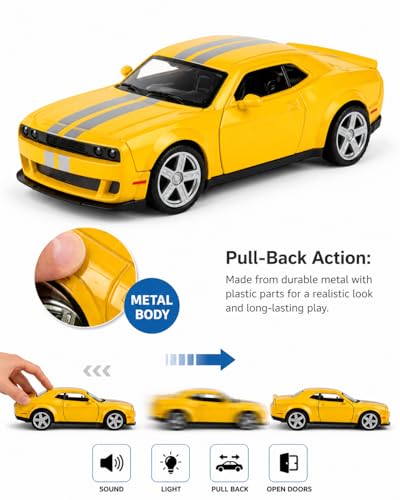 Image of Dodge Challenger SRT Hellcat Diecast Toy Car 1:36 Scale Pull Back Model Car with Sound & Lights, Openable Doors & Hood, Zinc Alloy Metal Muscle Car for Kids Boys Collectors