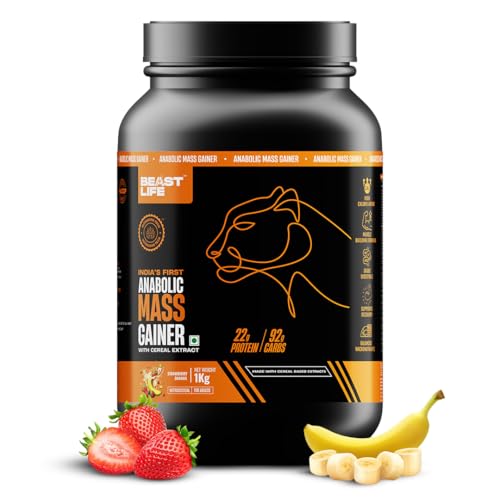 Image of BeastLife High Protein Mass /Weight Gainer | 1 KG | Strawberry Banana | NABL LAB Tested | For Muscle Gain & Fast Growth | Cereal-Based Formula, No Maltodextrin | India's #1 Cereal Based Bulk Gainer