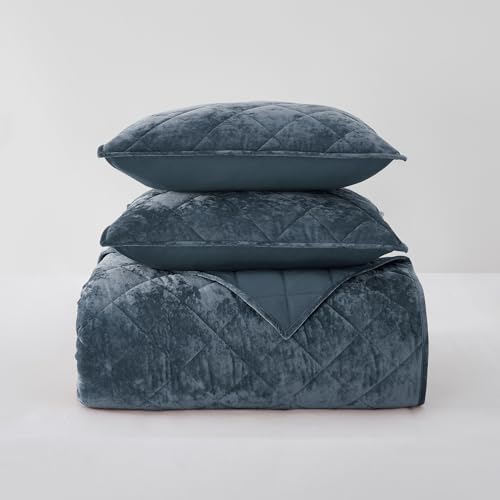 Image of Wonderful Luxury Velvet Blue Quilt Set King, Diamond Stitch Pattern Bedding, Lightweight Ultra-Soft Skin-Friendly, All-Season, Versatile as Comforter /Bedspread for Adults Teens Kids Bedroom,106 inchx94 inch