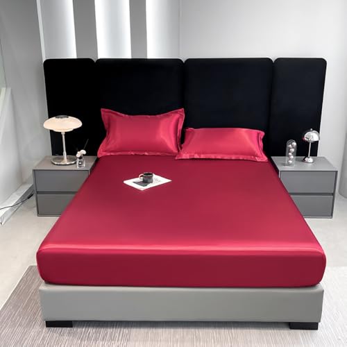 JANEMUA Protector De Cama Lavable Y Transpirable, Funda De Colchón De Color Sólido con Cintas Elásticas De Ajuste, No Impermeable Protector De Colchón De Seda-Red||90x200cm