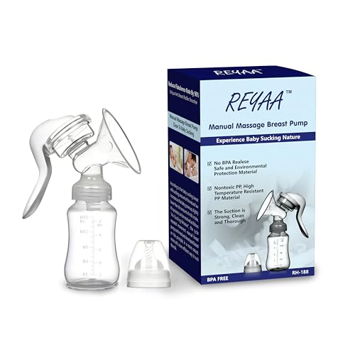 REYAA Manual Breast Pump - Ergonomic Hand Pump for Efficient Breastmilk Expression, Portable and Easy to Use, Clear Bottle with Measurement Markings, Ideal for On-The-Go Nursing Moms, 4oz/100ml