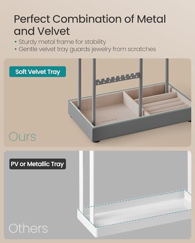 Image of SONGMICS Necklace Holder, Jewelry Stand Holder Organizer, Jewelry Display with Metal Frame, Velvet Tray, Earring Bracelet Holder, for Gift Idea, 4.5 x 7.7 x 12.1 inch, Dove Gray UJJS021G01