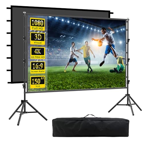 Image of Portable Projector Screen with Stand, 150 inch Outdoor Indoor Movie Screen 16:9 4K Rear Front Projection Screen, Quick Setup Foldable Travel Home Theater Screen with Carry Bag for Backyard Camping