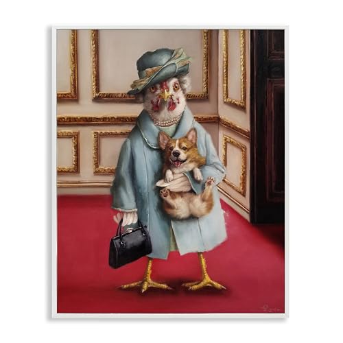 Whimsical Queen Chicken Corgi Humor, 16 x 20 Inch Framed Giclée Print