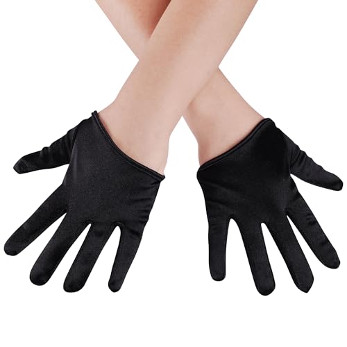 obmwang Women's Mini Cropped Satin Gloves Fashion Short Wrist Half Palm Gloves for Halloween Cosplay Party, Black
