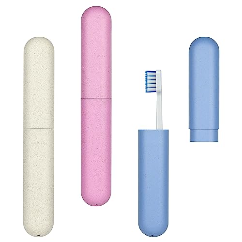 LOPHE Toothbrush Travel Case, 3Pcs Natural Wheat Straw Dustproof Toothbrush Storage Holder, Portable Toothbrush Protective Cover, Plastic Toothbrush Holder for Business Camping Travel, Eco-Friendly